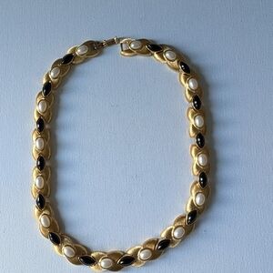 Vintage Gold Plated and Black And White Cabochon Link Necklace